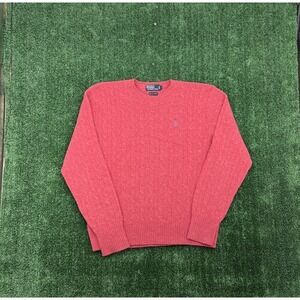 VTG Polo Ralph Lauren 100% Lambs Wool Cable Knit Sweater Mens Large Pink